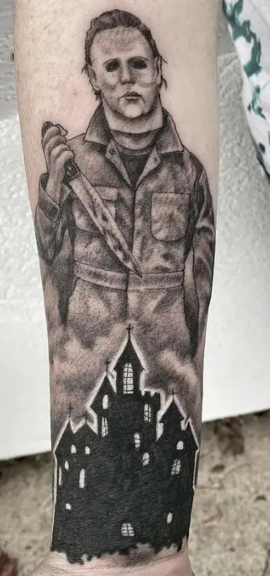 Michael Myers House Tattoo, Michael Myers Tattoo Design, Michael Myers House, Myers House, Michael Myers Tattoo, Myers Tattoo, House Tattoo, About Tattoo, Michael Myers Halloween