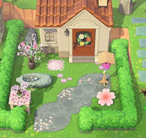 Garden In Animal Crossing, Anch Yard Ideas, Villager Ideas Animal Crossing, Acnh Spring Island Ideas, Acnh Small Yard Ideas, Animal Crossing Outside Ideas, Acnh Island Decoration Ideas, Animal Crossing Decor Ideas Outside, Acnh Yard Design