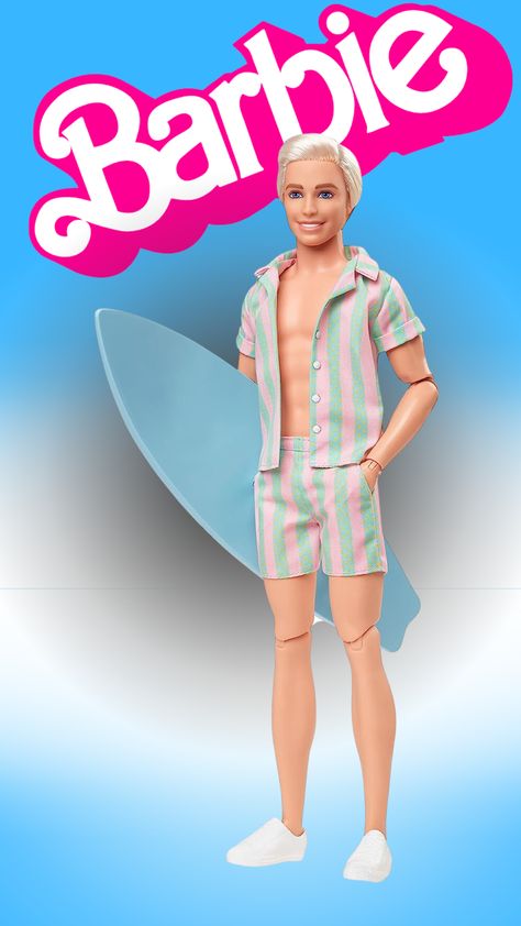 Barbie The Movie Ken Doll Ryan Gosling Wearing Pastel Pink and Green Striped Beach Barbie And Ken Outfits, Ken From Barbie, Ken Outfits, Barbie Land, Barbie The Movie, Football Drawing, Ken Barbie, Barbie Gifts, Barbie Halloween