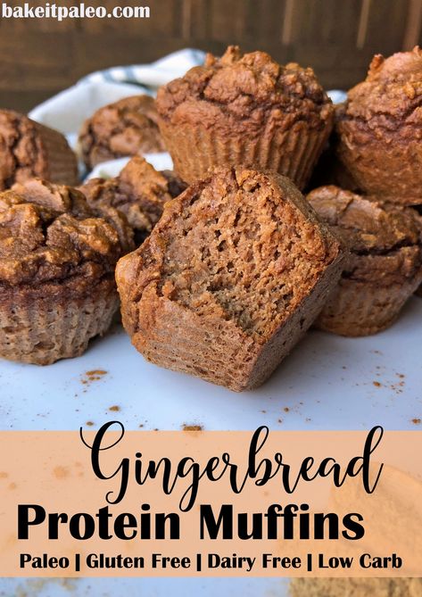 Gingerbread Protein Muffins | These Paleo muffins are high in protein, low carb, dairy free and gluten free.  A great healthy protein muffin recipe. #gingerbread #gingermuffins #paleomuffins #proteinmuffins #proteinrecipes #holiday Paleo Gingerbread Muffins, Gingerbread Protein Muffins, Gluten Free Dairy Free Protein Muffins, High Protein Muffins Low Carb, High Protein Gluten Free Bread, Protein Bakes, Healthy Protein Muffins, Protein Muffin Recipe, Protein Gingerbread