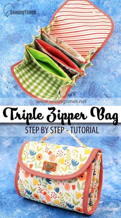 DIY TRIPLE ZIPPER POUCH BAG 💖 Step by Step Tutorial for Travel Organizer Bag Diy Sewing Bag Organizer, Sew Organizer Bag, Travel Pouch Pattern, Diy Purses And Bags, Diy Travel Organizer, Bags To Sew, Patchwork Bags Diy, Diy Bags Tutorial, Diy Pouch