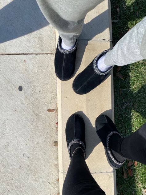 ugh twins Black Tasman Uggs Aesthetic, Ugh Tasman Outfit Black, Matching Slippers For Couples, Uggs Tasman Black, Black Tasman Outfit, Black Tazz Ugg Outfits, Black Ugg Tasman Outfit, Black Ugg Tasman Slippers Outfit, Black Tasman Ugg Outfit