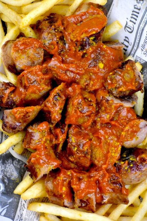 Closeup overhead shot of our currywurst recipe. Currywurst Recipe, Food In Germany, Curry Wurst, German Meals, Flank Steak Fajitas, Curry Ketchup, Bratwurst Sausage, Ketchup Sauce, German Dishes