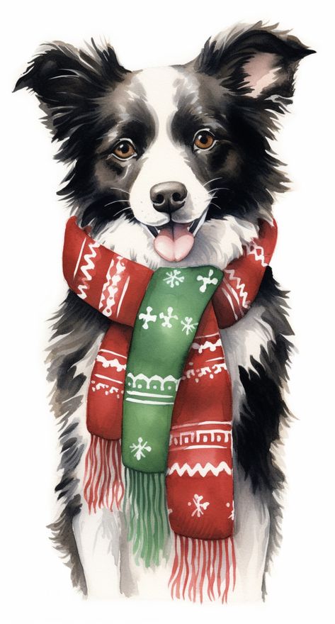 Christmas Border Collie, Dogs In Winter, Border Collie Pictures, Dog Caricature, Collie Mix, Christmas Border, Dog Sketch, Christmas Doodles, Dog Holiday