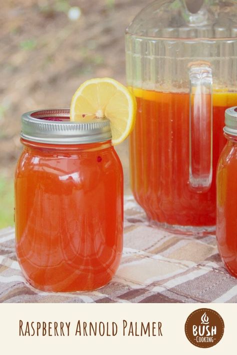 A refreshing tea and lemonade combination is boosted with the addition of a homemade raspberry syrup.  #bushcooking #arnoldpalmer #raspberry #mocktail Homemade Raspberry Syrup, Lemon Lemonade, Healthy Fruit, Raspberry Syrup, Arnold Palmer, Outdoor Food, Fruit Drinks, Healthy Fruits, Citrus Fruit