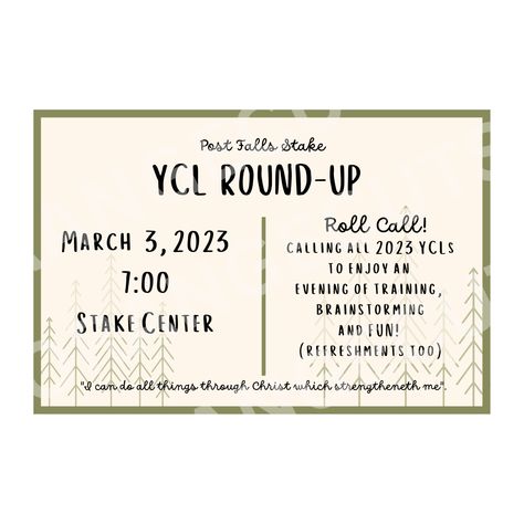 YCL Round-Up Invitation, YCL invitation, Girls Camp invitation, LDS, Young Women, Youth Camp Leader, church camp invite, Girls Camp Girls Camp is always around the corner it seems. Let me help you check one more thing off your list! These invitations are 6"x4" You send me your specific details, I insert your details and send you a file ready to print from your home or printing service! Easy Peasy! Please allow 1-2 days for customization! Camping Invitations, Youth Theme, Youth Camp, Church Camp, Round Up, Girls Camp, Printing Services, Camping