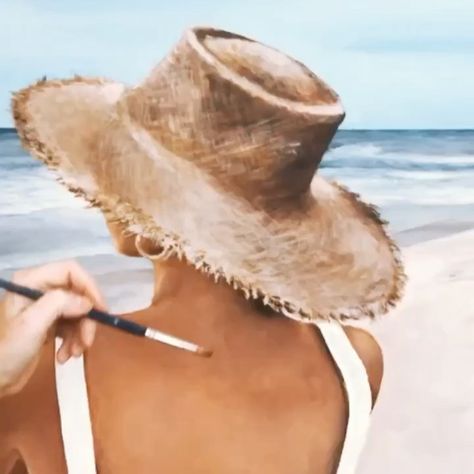 Straw Hat Painting Diy, Paint Straw Hat, Straw Hat Painting, Hand Painted Brimmed Sun Hat For The Beach, Women With Hats Painting, Sleeping Man, Raffia Sun Hat, Man Hat, Big Hat