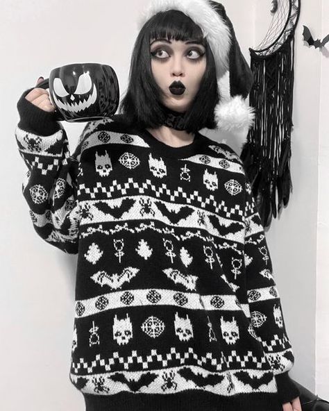 Mochi_GAO on Instagram: "Christmas！👻" Halloween Collar, Gothic Pattern, Girl Punk, Bat Pattern, Dark Christmas, Gothic Skull, Halloween Sweater, Dark Gothic, Large Sweaters