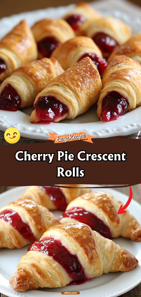 Cherry Pie Crescent Rolls are the perfect combination of simplicity and sweetness. Each crescent roll is stuffed with cherry pie filling and baked until golden, offering a delicious, flaky treat that’s easy to make and even easier to love. #CherryPieRolls #EasyDesserts #SweetSnacks Recipes Pillsbury Crescent Rolls, Easy Cherry Filled Crescents, Pillsbury Crescent Recipes Dessert Cherry, Easy Dessert Recipes Crescent Rolls, Cherry Croissant Crescent Rolls, Crescent Roll Recipes Dessert With Cherry Pie Filling, Baking With Crescent Rolls Easy Recipes, Refrigerator Crescent Roll Recipes, Cherry Crescent Rolls