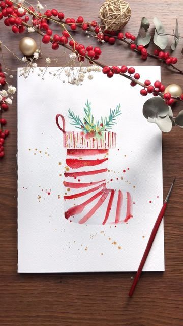 Christmas Presents Watercolor, Watercolor Stocking Christmas, Christmas Tag Watercolor, Painting Subjects Inspiration, Christmas Card Watercolours, Hand Painted Xmas Cards, Watercolours Christmas Cards, How To Watercolor Christmas Cards, Beginner Watercolor Christmas Cards