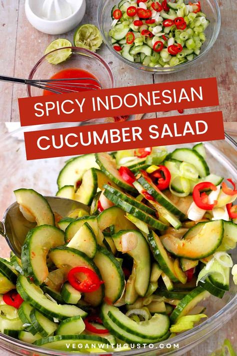 This 6-ingredient Indonesian cucumber salad is a quick, refreshing vegan side salad with sliced cucumbers, green onions, and a spicy dressing with lime juice and fiery Sambal Oelek. It's made with no added oil for a low-fat vegan side salad that will delight your taste buds. Get the recipe for complete instructions and my special tip for prepping the crispiest cucumbers. Vegan Side Salad, Cucumber Salad Vegan, Healthy Cucumber Salad, Tempeh Burger, Spicy Dressing, Side Salads, Oil Free Vegan Recipes, Cooking Wild Rice, Asian Spices