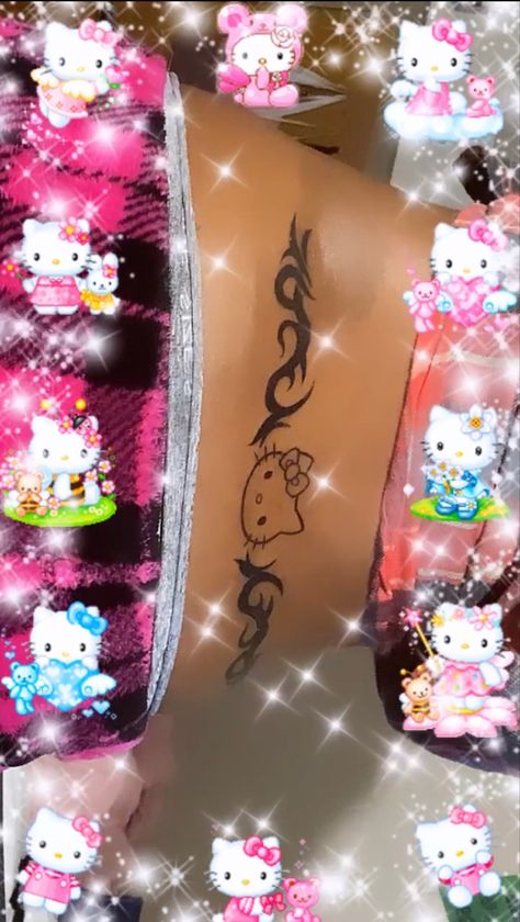 Hello Kitty Lower Back Tattoo, Hello Kitty Tramp Stamp Tattoo, Tramp Stamp Hello Kitty, Sanrio Tramp Stamp, Trampstamps Lower Backs, Tattoo Ideas Lower Back, Hello Kitty Tramp Stamp, Cute Tramp Stamp Tattoos, Cute Tramp Stamp