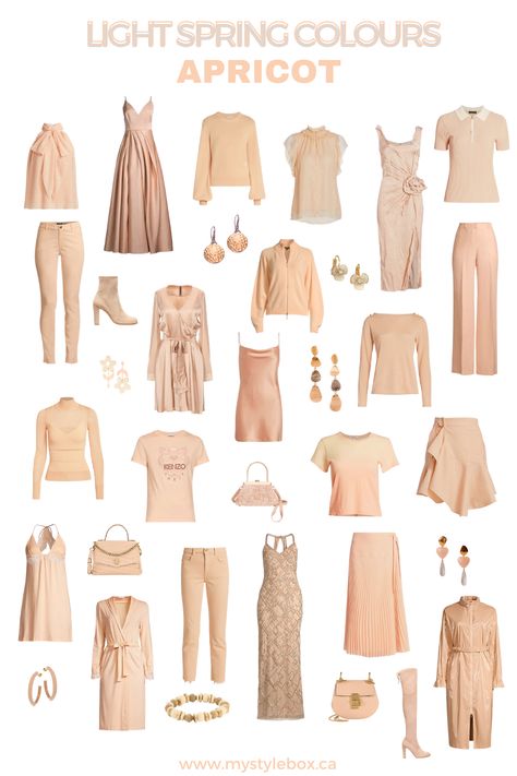 Apricot Outfit Ideas, Light Spring Palette Outfits, Spring Color Analysis Outfits, Soft Spring Outfits, Light Spring Clothes, Light Spring Color Palette Outfits Capsule Wardrobe, Light Spring Outfits Color Palettes, Spring Warm Outfits, Light Spring Capsule