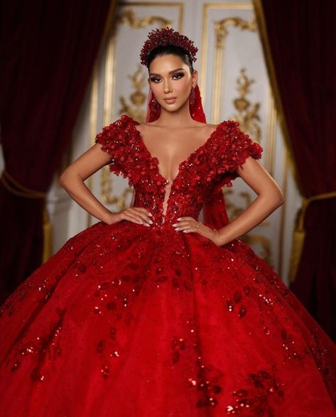 Red wedding dress Ruffle Bridal Gown, Frida Xhoi Xhei, Bridal Gowns Plus Size, Wedding Dresses V Neck, Red Ball Gown, Gowns Plus Size, Red Wedding Dress, Wedding Dress Jewelry, Dresses V Neck