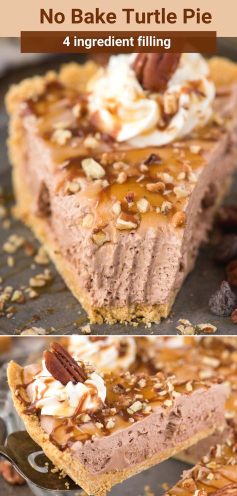 Easy to make classic turtle pie! This no bake turtle pie has a 4 ingredient filling that is creamy and rich. Add pecans, caramel and chocolate sauce and you have a quick homemade turtle pie! #turtlepie #nobakepie #thanksgivingpie #pie No Bake Turtle Pie, Turtle Pie Recipe, Turtle Pie, Baking Recipes Pie, Easy Dessert Recipes Quick, Thanksgiving Desserts Easy, Easy Pie Recipes, Quick Easy Desserts, Easy Pie