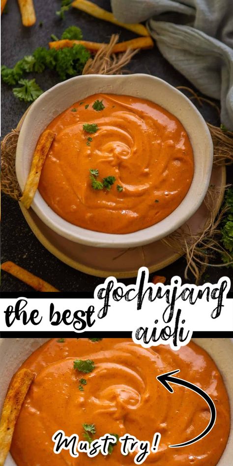 Asian Aioli Sauce, Gochujang Mayo Recipe, Recipes With Gochujang Paste, Asian Aioli, Gochujang Dip, Korean Sauce Recipe, Guasacaca Sauce, Finishing Sauces, Gochujang Dressing