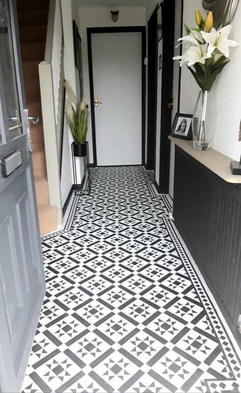 Hallway Ideas Flooring, Corridor Tiles, Black And White Tiled Entryway, Black And White Tile Entrance, Entrance Hall Tiles, Black And White Floor Tiles Hallway, Black And White Tiles Hallway Entry Hall, Black And White Entrance Tiles, Stairs And Landing Decor