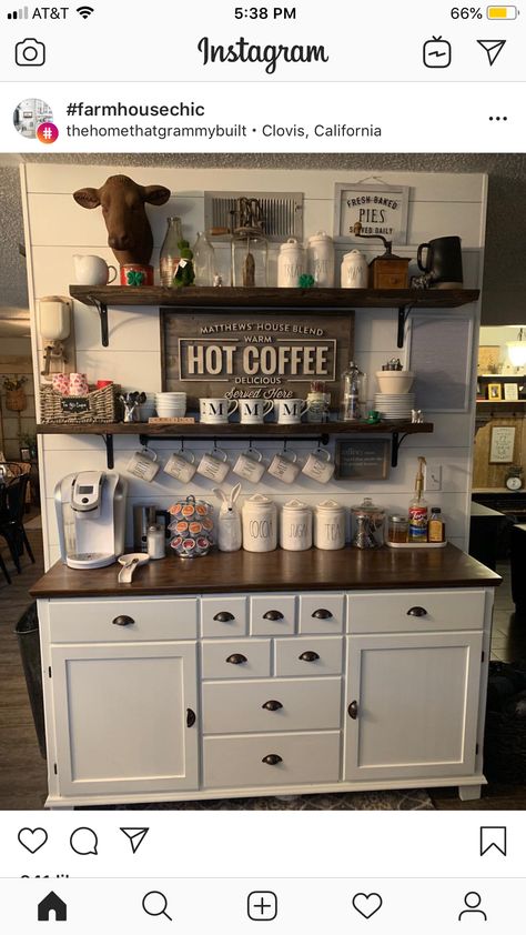 Welsh Dresser Coffee Station, Farmhouse Coffee Station, Farmhouse Coffee Bar Decor, Style Coffee Bar, Kaffe Station, Coffee Bar Farmhouse, Coffee Station Ideas, Bar Farmhouse, Coffee Bar Station