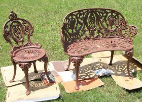 Tools Are For Women Too!: How To Paint Cast Iron Furniture Cast Iron Patio Furniture, Cast Iron Furniture, Cast Iron Garden Furniture, Shabby Chic Patio, Cast Iron Garden Bench, Wrought Iron Bench, Cast Iron Bench, Grapes Leaves, Iron Patio Furniture