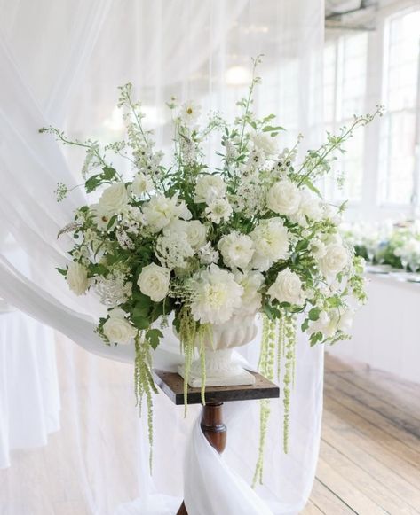 Big White Floral Arrangements, White Urn Arrangement Wedding, Delphinium Centerpiece, Southern Wedding Flowers, White Summer Flowers, Vendela Roses, Center Peices, Alter Flowers, Urn Arrangements