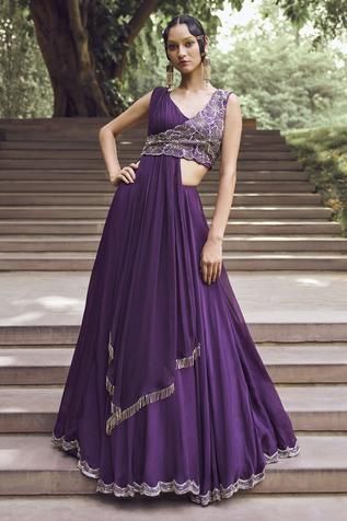 Shop for Charu and Vasundhara Purple Tussar Rupanzel Draped Jacket And Lehenga Set for Women Online at Aza Fashions Tissue Lehenga, Blouse Organza, Jacket Lehenga, Draped Jacket, Lehenga Designs Simple, Gaun Fashion, Traditional Indian Outfits, Indian Gowns Dresses, Indian Gowns