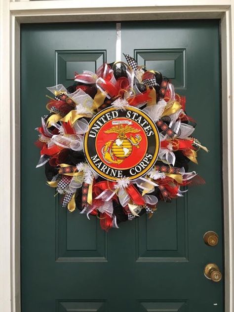 USMC Wreath Marine Corps Wreath Diy, Marine Corp Wreath, Usmc Wreath, Military Wreath, Wreath Ideas, Wreath Designs, Wreath Crafts, Deco Mesh Wreaths, Marine Corps