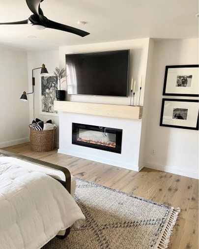 Electric Fireplace Update, Accent Wall Decor Ideas, Electric Fireplace Bedroom, Home Wall Decor Ideas, Modern Home Wall Decor, Bedroom Tv Wall, Fireplace Update, Small Fireplace, Bedroom Updates