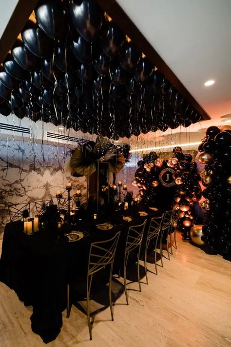 Black And Gold Boho Party Decor, Noir Party Theme, Black Gold Event Decor, Black White Gold Prom Theme, Black Tie Graduation Party, All Black Affair Party Ideas For Men, Party Ideas Black And Gold, Black And Gold Mens Birthday Party, Black And Gold Bachelorette Party Decor