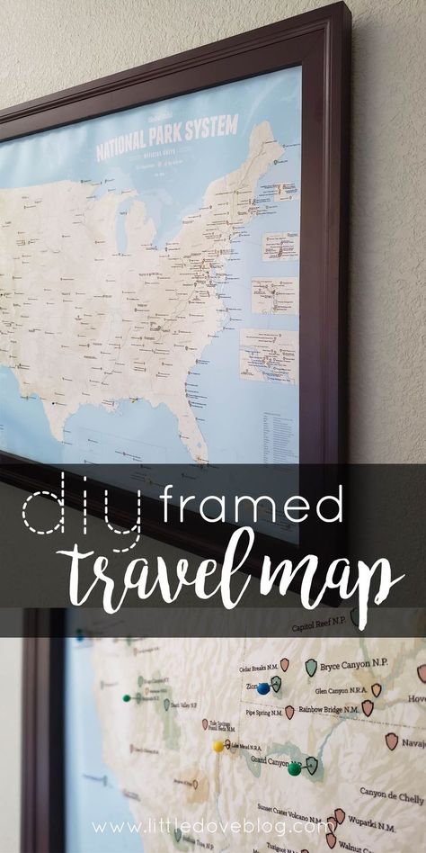 This DIY framed travel map can record all your family's travels. Make this DIY frame with molding and plywood. #DIY #travel Plywood Diy, Travel Map Diy, Framed Map, Travel Map, Diy Travel, Pin Map, Framed Maps, Travel Diy, Travel Maps