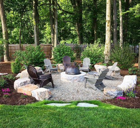 Outdoor Patio Ideas Rustic, Ohio Backyard Landscape, Rocky Backyard Landscaping, Backdoor Patio Ideas, Firepit Patio Ideas, Backyard Landscaping With Fire Pit, Outdoor Patio Ideas With Fire Pit, Hardscaping Backyard Ideas, Pool Sitting Area Ideas