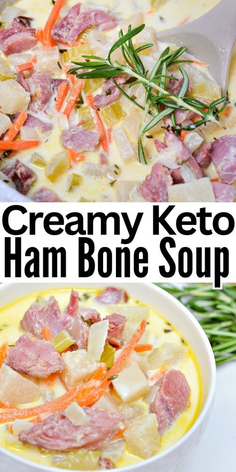 Creamy Keto Ham Bone and Veggie Soup #creamyketohamboneandveggiesoup #hamboneandveggiesoup Ham Bone Keto Recipes, Keto Ham Soup Low Carb, Ham Cauliflower Soup, Keto Ham And Bean Soup, Soup With Ham Bone Crockpot, Ham Soup Keto, Creamy Ham Bone Soup Recipes, Low Carb Ham Soup Recipes, Low Carb Ham Soup