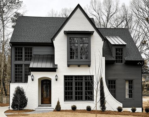 Home Exterior Trends 2022 - Caroline on Design White Houses With Black Trim, White Exterior Houses, Gray House, Casas The Sims 4, Exterior Paint Colors For House, Tudor House, Casa Exterior, Modern Farmhouse Exterior, Modern Cottage