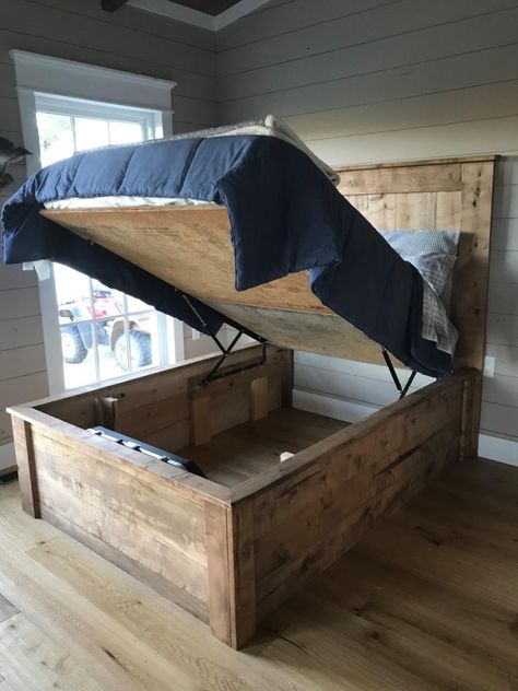 Pallet King Size Bed Frame, Pallet Bed With Storage Underneath, Custom Platform Bed, Pallet King Bed Frame Easy Diy, Bedframe Storage Ideas, Diy Queen Bed Frame With Storage Plans, Lift Storage Bed Diy, Home Made Bed Frames Wood, Diy Lift Up Storage Bed