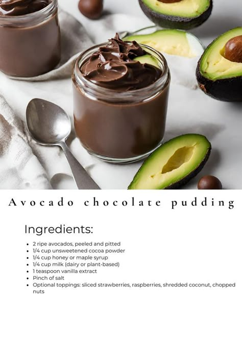 Avocado Pudding Recipe, Avocado Pudding Chocolate, Japan Recipe, Chocolate Avocado Pudding, Sweet Easy Recipes, Food Dinner Ideas, Avocado Dessert, Loss Of Appetite, Yummy Dessert Recipes