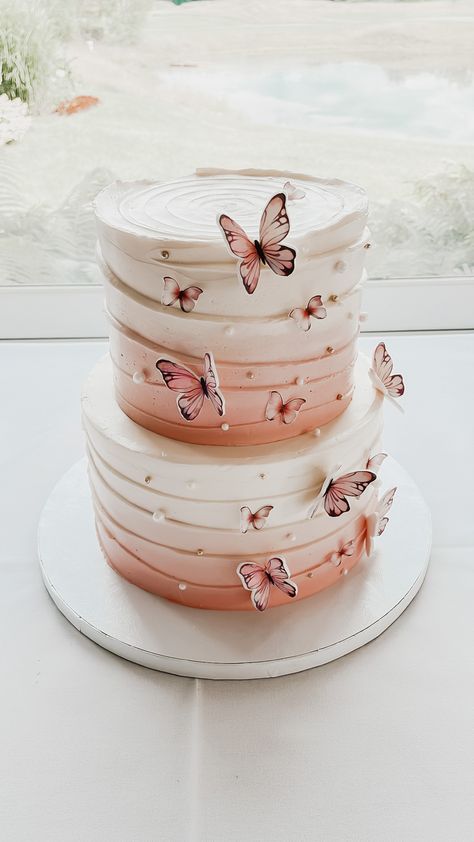 We made this 2-tiered ombré wavy butterfly cake for a bridal shower! It’s also perfect for birthdays, baptisms and baby showers! 2 Tier Birthday Cake Butterfly, Cake Designs 2 Tier Birthday, Butterfly Tier Cake, Cake Designs Ombre, Butterfly Theme Cake 2 Tier, Butterfly Tiered Cake, 2 Tier Birthday Cake Ideas, 2 Tier 21st Birthday Cake, Two Tier Butterfly Cake