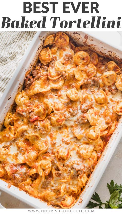 Crowd-pleasing baked tortellini is a delicious cheesy casserole with extra oomph thanks to an easy yet flavorful tomato and meat sauce. With fewer than 10 ingredients and about 10 minutes of prep, this is a terrific way to deliver a hot meal on busy nights. It's easy to make ahead, too. Baked Tortellini Recipes, Baked Tortellini Casserole, Baked Tortellini, Tortellini Bake, Tortellini Recipes, Cheesy Casserole, Pasta Dinner Recipes, Easy Casserole Recipes, Meat Sauce