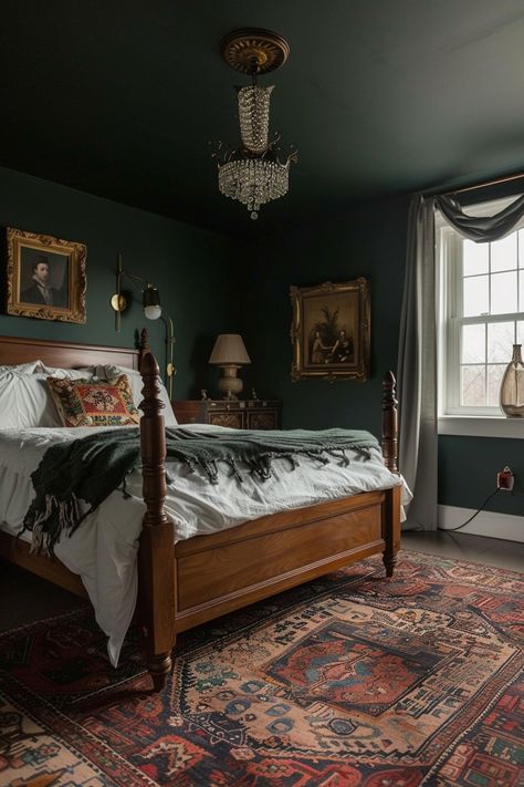 Dark Green Rooms, Dark And Moody Bedroom, Moody Bedroom Ideas, Academia Bedroom, Victorian Bedroom, Sage Green Bedroom, Moody Bedroom, Dark Academia Decor, Dark Bedroom