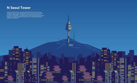 City scape n seoul tower korea vector flat design illustration Graphic City Illustration, Seoul Illustration, Korea Illustration, N Seoul Tower, Seoul Tower, Korea Design, Mountain Illustration, City Silhouette, Flat Design Illustration