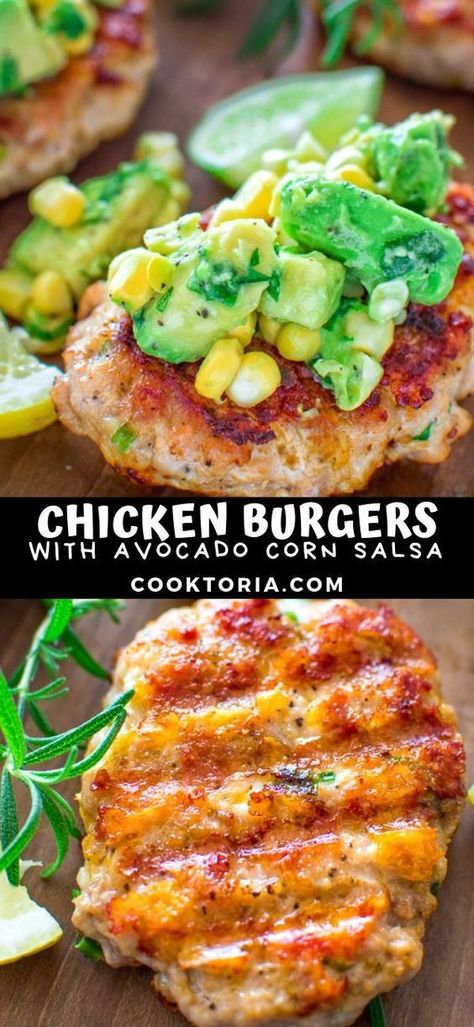 Easy Chicken Burgers Chicken Avocado Burgers, Chicken Burgers With Avocado Corn Salsa, Healthy Chicken Burger Recipes, Chicken Burger Ideas, Dinner Recipes With Avocado, Dinner 3 Ingredients, Chicken And Corn Recipes, Chicken Avocado Recipes, Chicken Burgers Ground