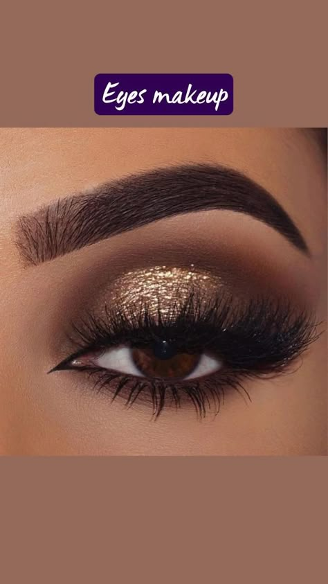 Golden Brown Eyeshadow Looks, Makeup For Gold Sequin Dress, Glam Makeup For Gold Dress, Country Wedding Makeup Brown Eyes, Cinnamon Dress Makeup, Makeup Looks That Make Brown Eyes Pop, Champagne Eye Shadow, Wedding Makeup For Gold Dress, Bronze Glitter Eye Makeup