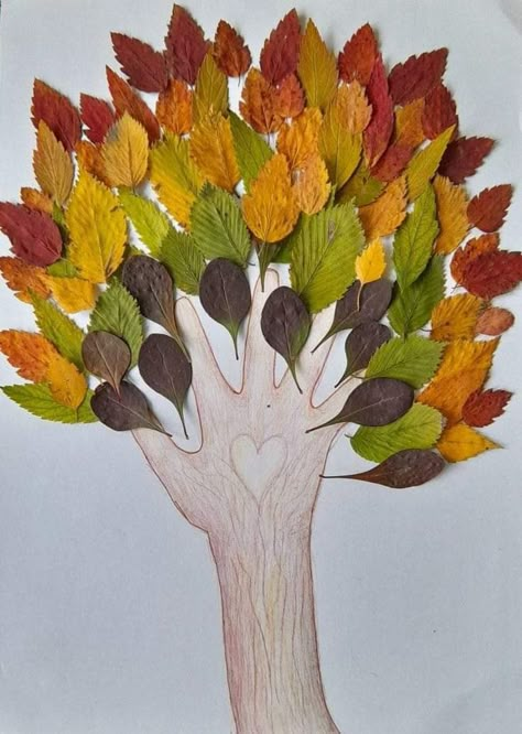 Autumn Kindergarden Decor, Nature Theme Crafts Preschool, Autumn Tree Art For Kids, Autumn Leaves Art For Kids, Hand Tree Craft For Kids, Kindergarden Activities Art, Autumn Leaves Craft For Kids, Art With Leaves For Kids, Leaves Arts And Crafts For Kids