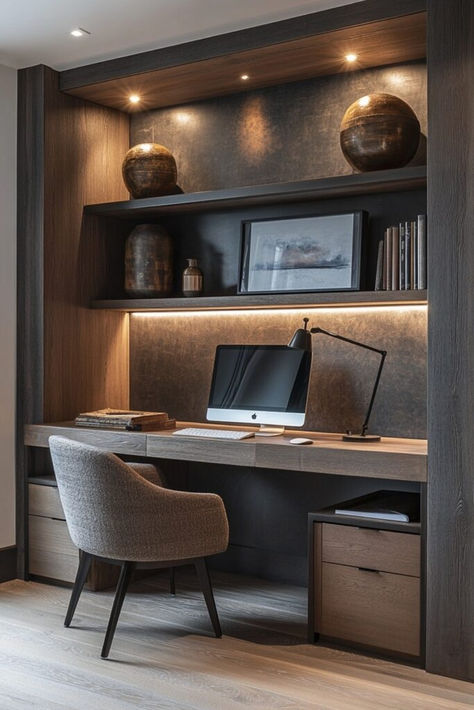 Make use of apartment recesses with a personalized tiny apartment home office featuring custom desks and shelving. Tap here for more alcove office inspiration. Desk In Alcove Spaces, Study And Lounge Room, Kitchen Workspace Ideas, Small Office Nook In Living Room, Office Niche Ideas, Alcove Workspace, Computer Area In Living Room, Small Sitting Room Office, Alcove Office Ideas