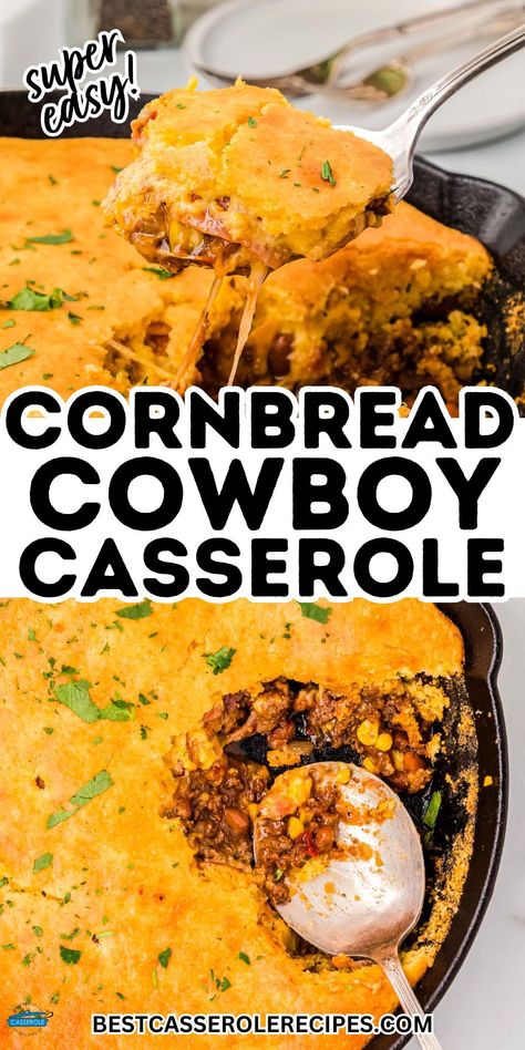 This Mexican cowboy cornbread casserole fired up in a cast iron skillet layers spicy beef chili, chipotle corn bread batter, cheese, beans, and salsa baked into the ultimate Tex-Mex comfort food. Cowboy cornbread casserole, ground beef casserole recipes, what to make with ground beef. Ground Sausage Cornbread Recipes, Southwest Cowboy Casserole, Cowboy Cornbread Casserole Recipe, Western Dinner Ideas, Cowboy Cobbler, Cowboy Casserole Cornbread, Meals With Cornbread, Mexican Cornbread With Ground Beef, Cornbread Cowboy Casserole