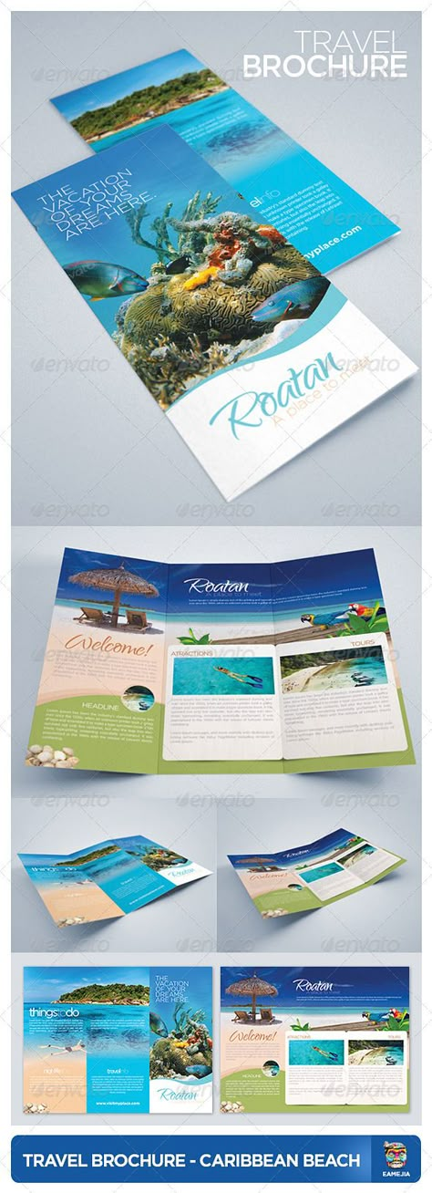 Travel and Tourism Brochure - Caribbean Beach #GraphicRiver Travel & Tourism Brochure, ideal for hotels, travel agencies, and all accommodation / travel / tourism business. Just place your photos and edit text! 2 PSD (inside and outside) 11×8.5” include bleeds, guidelines, trims, 0.25” CMYK Color, 300DPI Print Ready Fonts: Myriad Pro, Gotham Family, Qwigley Phodune Stock: Snorkeling, Stunning Beach, Marine Life, Created: 5June12 GraphicsFilesIncluded: PhotoshopPSD Travel Brochure Design, Tourism Design, Brochure Examples, Italy Tourism, Flyers Design, Professional Brochure, Wine Tourism, Travel Brochure Template, Travel Agencies