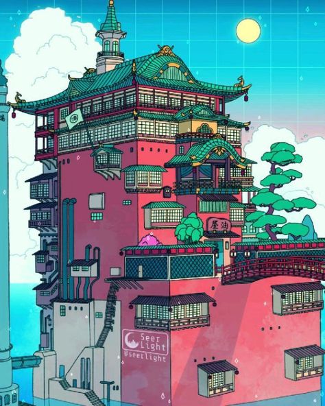 Pastel Poster, Ghibli Artwork, Isometric Art, Studio Ghibli Movies, Japon Illustration, Studio Ghibli Art, Anime Backgrounds Wallpapers, Ghibli Art, Bath House