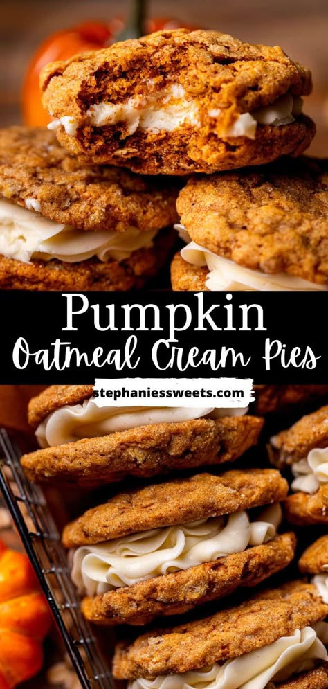 These pumpkin oatmeal cream pies are the pumpkin version of oatmeal cream pies, like Little Debbie's! They are a pumpkin spice oatmeal cookie sandwiches with a marshmallow creme filling. Pumpkin Cheesecake Oatmeal, Pioneer Woman Oatmeal Cream Pies, Oatmeal Cream Pies Joanna Gaines, Pumpkin Oatmeal Creme Pies, Pumpkin Crème Pie, Pumpkin Oatmeal Cream Pie Cookies, Pumpkin Cream Pie Cookies, Pumpkin Marshmallow Pie, Pumpkin Sandwich Cookies