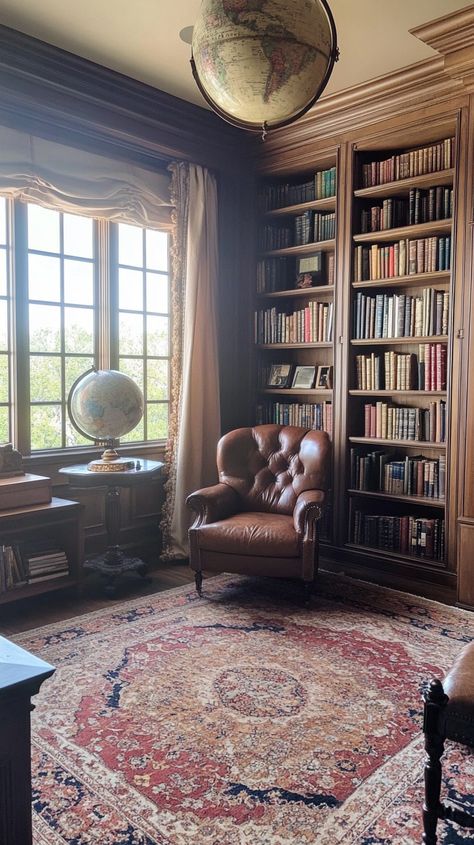 Step into Capricorn's classic library 📚✨ where sophistication meets timeless charm. Enjoy floor-to-ceiling bookshelves, sink into leather armchairs, explore with an antique globe, and walk on a traditional area rug. Perfect blend of elegance and intellect 🌍📖 #LibraryLovers #VintageVibes Antique Library Room, Light Academia Library, Antique Globe, Floor To Ceiling Bookshelves, Antique Library, English Library, Classic Library, Private Library, 1920s House