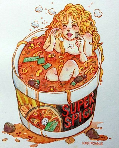 Spicy cup noodle girl illustration Spicy Food Drawing, Spicey Illustration, Spicy Inktober, Spicy Illustration, Noodle Illustration, Draw Food, Inktober 2023, Sweet Drawings, Artwork Inspiration