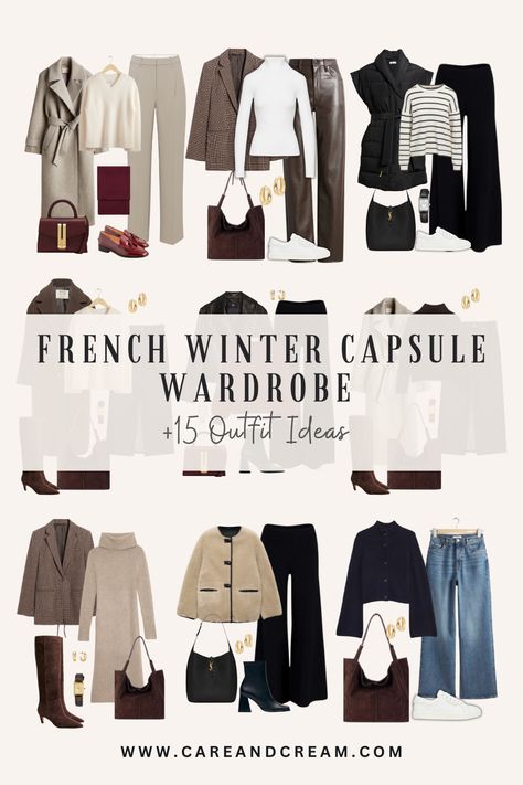 The timeless elegance of French winter wardrobe essentials is the perfect inspiration for your winter capsule wardrobe. Our blog post offers 25+ winter basics wardrobe essentials, along with 15 chic French winter outfit. Learn to curate your own French capsule wardrobe with these winter basics. Master how to dress like a French woman in winter. Cold weather outfits, capsule wardrobe outfits winter, French winter fashion women. French Inspired Winter Outfits, Classic Style Timeless Capsule Wardrobe, How To Create A Capsule Wardrobe 2024, Capsule Wardrobe Italy Winter, French Capsule Wardrobe Winter, French Chic Capsule Wardrobe, 2025 Wardrobe Capsule, Winter Capsule Wardrobe 2024 Travel, Winter Work Outfits For Women Over 40 Capsule Wardrobe