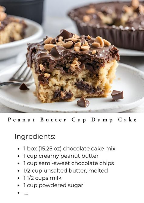 Tasty Cooking - Peanut Butter Cup Dump Cake 🍫... Cookies And Cream Dump Cake, Chocolate Cake Mix With Peanut Butter, Golden Butter Cake Mix Recipes, Chocolate Peanut Butter Dump Cake Recipes, Peanut Butter Cup Dump Cake, Peanut Butter Dump Cake, Chocolate Peanut Butter Cup Dump Cake, M&m Peanut Butter Cake, Don't Mix It Dump Cakes